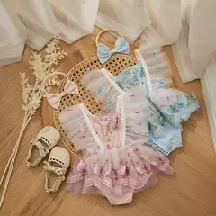 Vestido de princesa Chiffon para bebês, macacão, guarnição de renda, borboleta, roupas infantis, manga voadora, saia de tule, bodysuits bainha, bandana