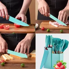 Kit Completo Jogo Utensílios de Cozinha Luxo 19 Peças Com Tábua em Silicone Espátula Faca Tesoura - comprar online