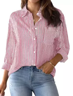 Imagem do Blusa de manga longa feminina, camisa listrada rosa, estampa clássica, botão, casual, sem bolsos, camisa básica diária, tops de outono e inverno, 2021