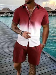 Shorts e camisa de botão masculino, impressão gradiente, terno de lapela flip com duas peças, moda casual, bom para homens, verão - comprar online