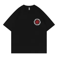 Camiseta de algodão com gola redonda masculina e feminina, banda vermelha com pimentão quente, estampada simples, casual Rock Tops, Street Wear
