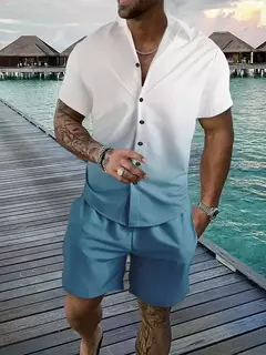Shorts e camisa de botão masculino, impressão gradiente, terno de lapela flip com duas peças, moda casual, bom para homens, verão na internet