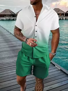 Shorts e camisa de botão masculino, impressão gradiente, terno de lapela flip com duas peças, moda casual, bom para homens, verão - comprar online