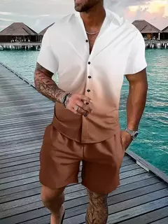 Shorts e camisa de botão masculino, impressão gradiente, terno de lapela flip com duas peças, moda casual, bom para homens, verão - loja online