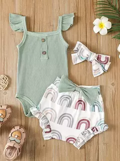 Imagem do Recém-nascido Bebê Menina Roupas Set, Bodysuit Sem Mangas, Shorts Impresso, Roupas Verão, Terno, 3Pcs