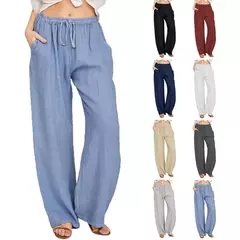 Calça de cintura alta de perna larga feminina, calça de linho de algodão, monocromática, cânhamo, casual, respirável, esportiva, solta, feminina, verão, outono - Wolf Magazine