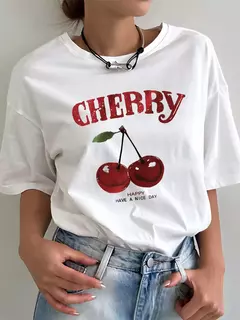 Camiseta de gola redonda feminina, branco, estampa cereja, Versátil, Solto, moda casual, verão - Wolf Magazine