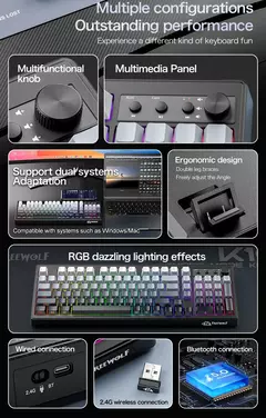 Teclado mecânico sem fio com 99 teclas, 3 modos, 2.4g/bluetooth 5.0/USB-C, bateria de 4000mAh e teclas retroiluminadas RGB PBT com impressão lateral - loja online