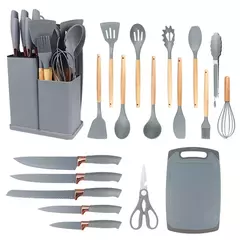 Kit Completo Jogo Utensílios C/19 Peças de Cozinha Com Tábua em Silicone Espátula Faca Tesoura