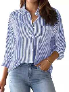 Blusa de manga longa feminina, camisa listrada rosa, estampa clássica, botão, casual, sem bolsos, camisa básica diária, tops de outono e inverno, 2021 - Wolf Magazine