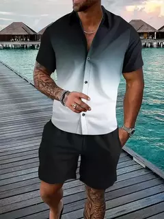 Shorts e camisa de botão masculino, impressão gradiente, terno de lapela flip com duas peças, moda casual, bom para homens, verão - comprar online