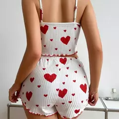 Conjunto de pijama macio feminino, tops curtos e shorts, ventilação branca, impressão de amor, pijamas casuais, 2 peças, S, M, L