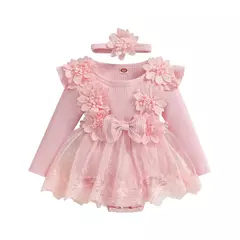 3d flor verão bebê meninas macacão princesa malha roupas recém-nascidos rendas retalhos plissado bodysuit vestido bandana crianças roupas - Wolf Magazine