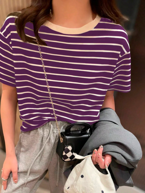 T-Shirt Blusa Basica Camiseta listrada feminina malha, confortável, solta, respirável
