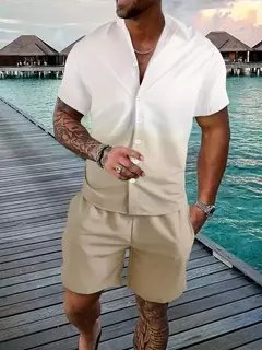 Shorts e camisa de botão masculino, impressão gradiente, terno de lapela flip com duas peças, moda casual, bom para homens, verão
