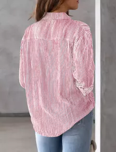 Blusa de manga longa feminina, camisa listrada rosa, estampa clássica, botão, casual, sem bolsos, camisa básica diária, tops de outono e inverno, 2021 na internet
