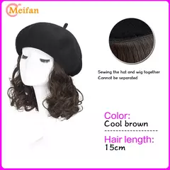 MEIFAN-Peruca Curta Ondulada Encaracolada com Boina Bordada, Chapéu Sintético, Gorro Peruca, Extensão Do Cabelo, Preto e Marrom