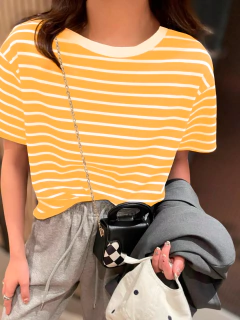 T-Shirt Blusa Basica Camiseta listrada feminina malha, confortável, solta, respirável