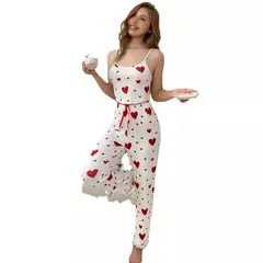 Conjunto pijama de 2 peças para mulheres, colete curto e calças, branco respirável e macio, estampa casual com amor, tamanho grande - Wolf Magazine