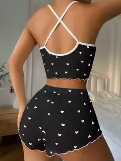 Coração Imprimir Ribbed Frill Trim Conjunto de pijama para mulheres, arco bonito entalhado pescoço, cruz Strappy Backless Crop Top, Shorts elásticos, S na internet