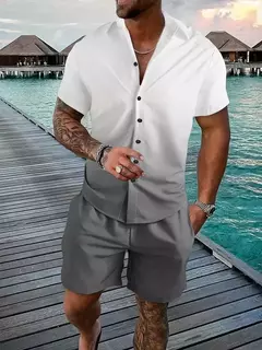 Shorts e camisa de botão masculino, impressão gradiente, terno de lapela flip com duas peças, moda casual, bom para homens, verão na internet
