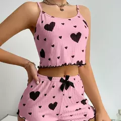 Conjunto de pijama macio feminino, tops curtos e shorts, ventilação branca, impressão de amor, pijamas casuais, 2 peças, S, M, L - comprar online