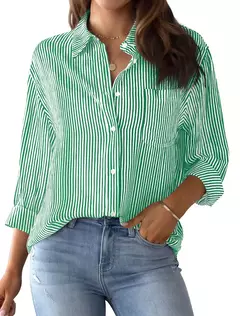 Camisa de manga comprida listrada para mulheres, blusa casual com botão, camisa básica diária, sem bolsos, estampa clássica, tops de outono e inverno, 2024 - Wolf Magazine