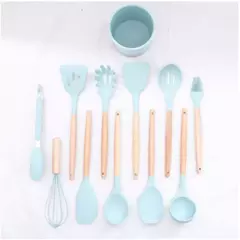 Jogo de Cozinha Kit C/12 Peças de Silicone, Utensílios e Copo Suporte para Cozinha Cabo de Madeira Su
