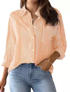 Camisa de manga comprida listrada para mulheres, blusa casual com botão, camisa básica diária, sem bolsos, estampa clássica, tops de outono e inverno, 2024 - comprar online