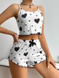Conjunto de pijama macio feminino, tops curtos e shorts, ventilação branca, impressão de amor, pijamas casuais, 2 peças, S, M, L - Wolf Magazine