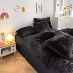 Conjunto de cama luxuoso preto macio, capa de edredão Shaggy, 2 fronhas, zíper, veludo macio, 3pcs - loja online