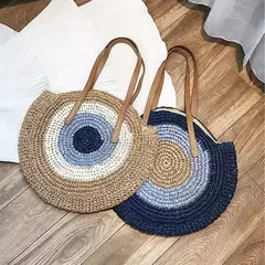 Bolsa de ombro redonda de palha de verão, bolsa de mão feminina de grande capacidade, artesanal, bolsas de praia de vime da moda, bolsa de mão, férias - loja online
