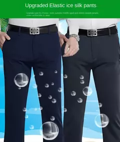 Calça casual elástica de seda no gelo masculina, calça larga fina de meia idade e idosa, verão na internet