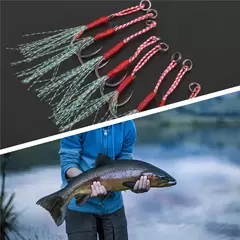 Imagem do 100 pçs/caixa elenco gabarito auxiliar gancho lento jigging isca baixo ganchos de pesca farpado gancho amarrando anzol com pena mar pesca gancho