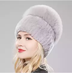 Imagem do Real Genuine Fox Fur Gorros Chapéu para Mulheres, Pele de Coelho Rex Natural Boné de Caveira, Chapéus de malha para meninas, inverno, estilo russo, novo