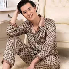 Conjunto de pijama de seda fino masculino, manga comprida e calça curta, pijama, calça para dormir - comprar online
