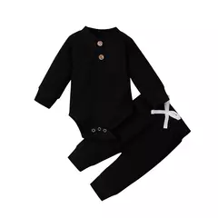 Conjunto de bodysuits de manga comprida e calças elásticas para bebé, com nervuras, xadrez, roupa sólida, infantil, recém-nascido, menina, menino, primavera, outono, 2 peças - loja online