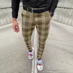 Calça xadrez casual masculina, calça stretch social, cintura média, magro, escritório de negócios, trabalhando, festa, terno masculino, outono, verão