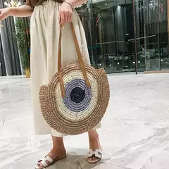 Bolsa de ombro redonda de palha de verão, bolsa de mão feminina de grande capacidade, artesanal, bolsas de praia de vime da moda, bolsa de mão, férias - comprar online