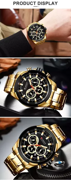 Imagem do Curren-relógio de pulso masculino, marca top, grande, esportes, militar, aço, quartzo, cronógrafo, design de ouro, para homens