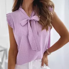 Mulheres verão elegante babados sem mangas polka pot laço até laço laço blusas e camisas casual oversize topos sexy pulôver túnica - loja online