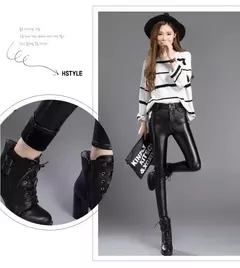 Calça feminina de couro estica, calça casual de veludo inverno, perneira de lápis feminina grossa quente, cintura alta, outono - loja online