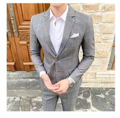Imagem do Conjunto de vestido de noiva xadrez slim fit masculino, blazers, jaqueta, calças, calças, casaco, terno, design estilo masculino, moda, 2 peças