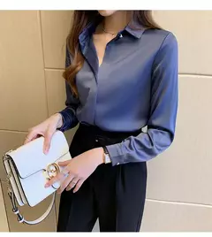 Imagem do Blusa feminina de cetim de seda manga longa, camisa feminina, tops básicos, roupas femininas OL, moda feminina, 2023
