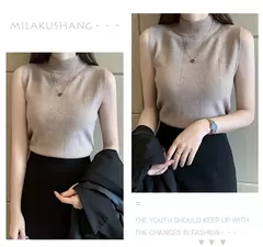 Blusa de malha elástica feminina, Tops femininos, roupa casual, sem mangas, monocromática, moda coreana, primavera, verão, novo, 8623 50