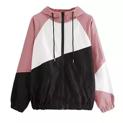Jaqueta corta-vento com capuz feminino, bloco de cor elegante, patchwork, jaqueta bomber com zíper, casaco casual, impermeável, Casacos outonos, moda - comprar online