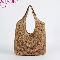 Gusure casual palha sacos de ombro das mulheres de vime tecido senhoras bolsas artesanais praia verão grandes totes saco bohemia - Wolf Magazine