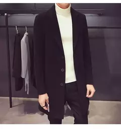 Imagem do Casaco longo de algodão masculino, corta-vento fino, mistura de lã, cor pura, moda casual de negócios, roupas masculinas, primavera, outono, novo, 2023