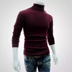 Gola alta masculina malha suéteres de algodão, pulôveres finos, roupas de escritório, tops masculinos, monocromáticos, vinho tinto