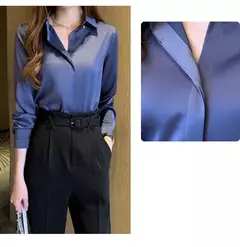 Blusa feminina de cetim de seda manga longa, camisa feminina, tops básicos, roupas femininas OL, moda feminina, 2023 - comprar online